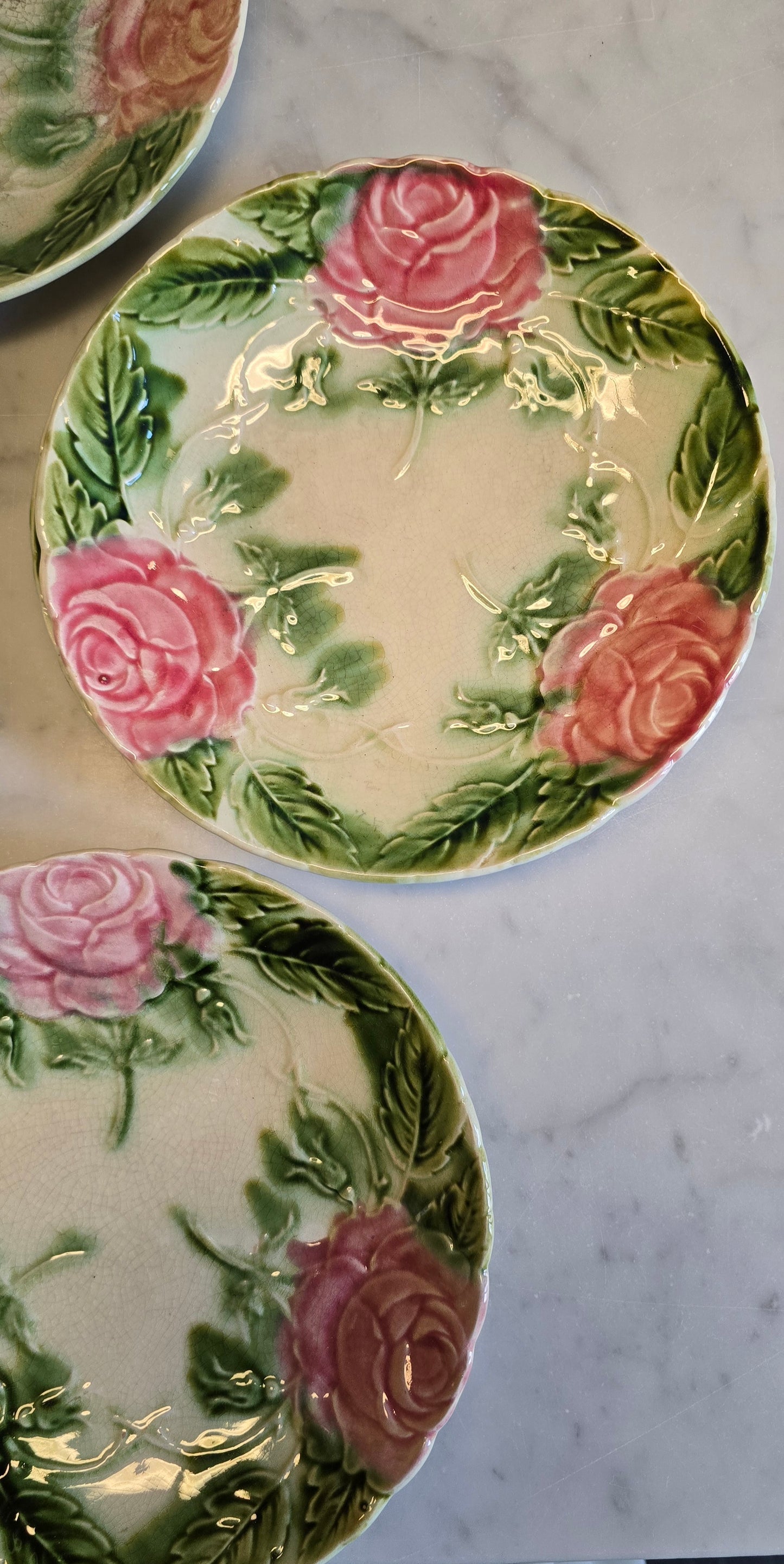 ONNAING French Majolica Plate – 19th Century Pink Green Rose Pattern – Vintage French Faience Wall or Table Decor