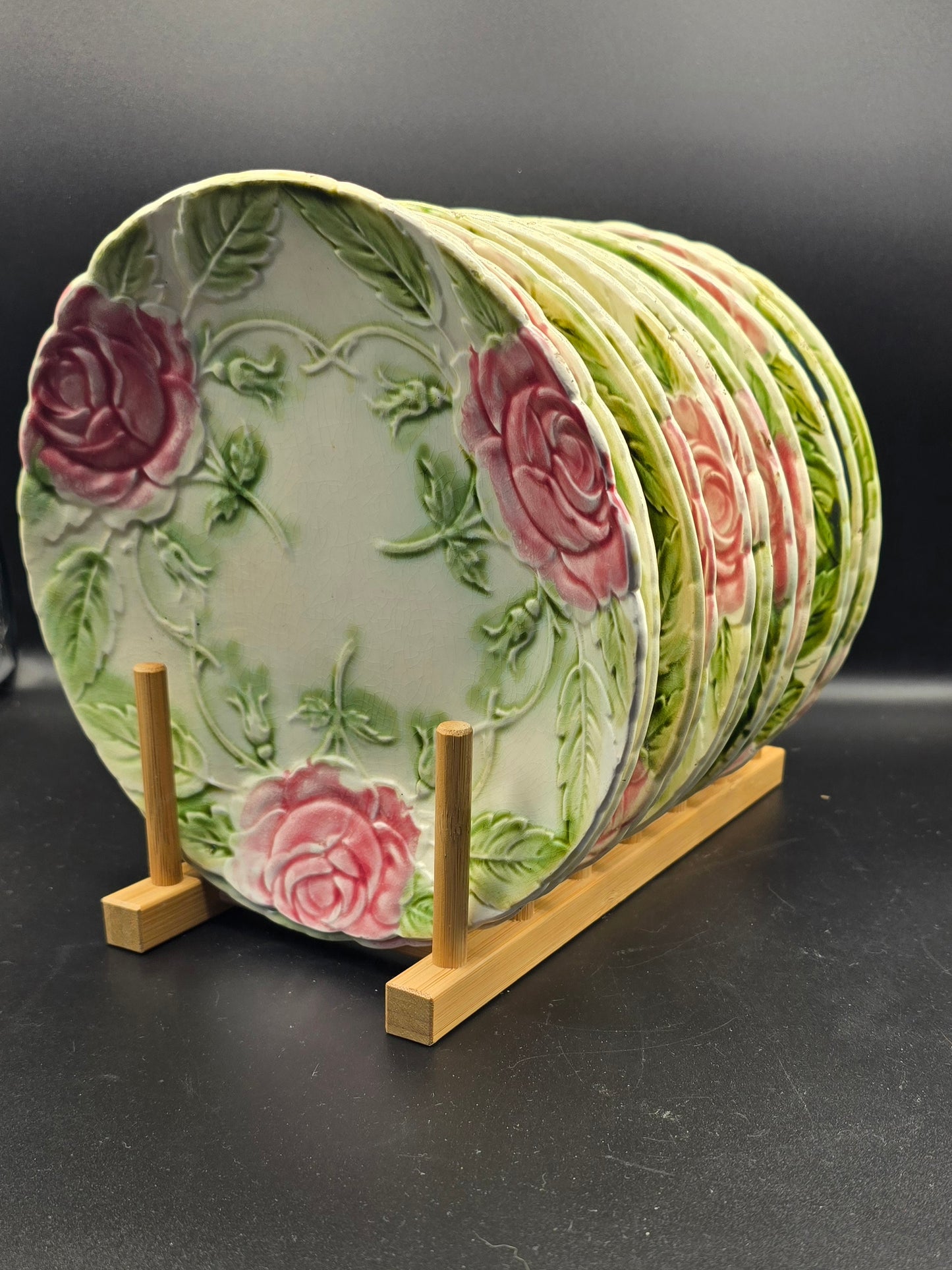 ONNAING French Majolica Plate – 19th Century Pink Green Rose Pattern – Vintage French Faience Wall or Table Decor