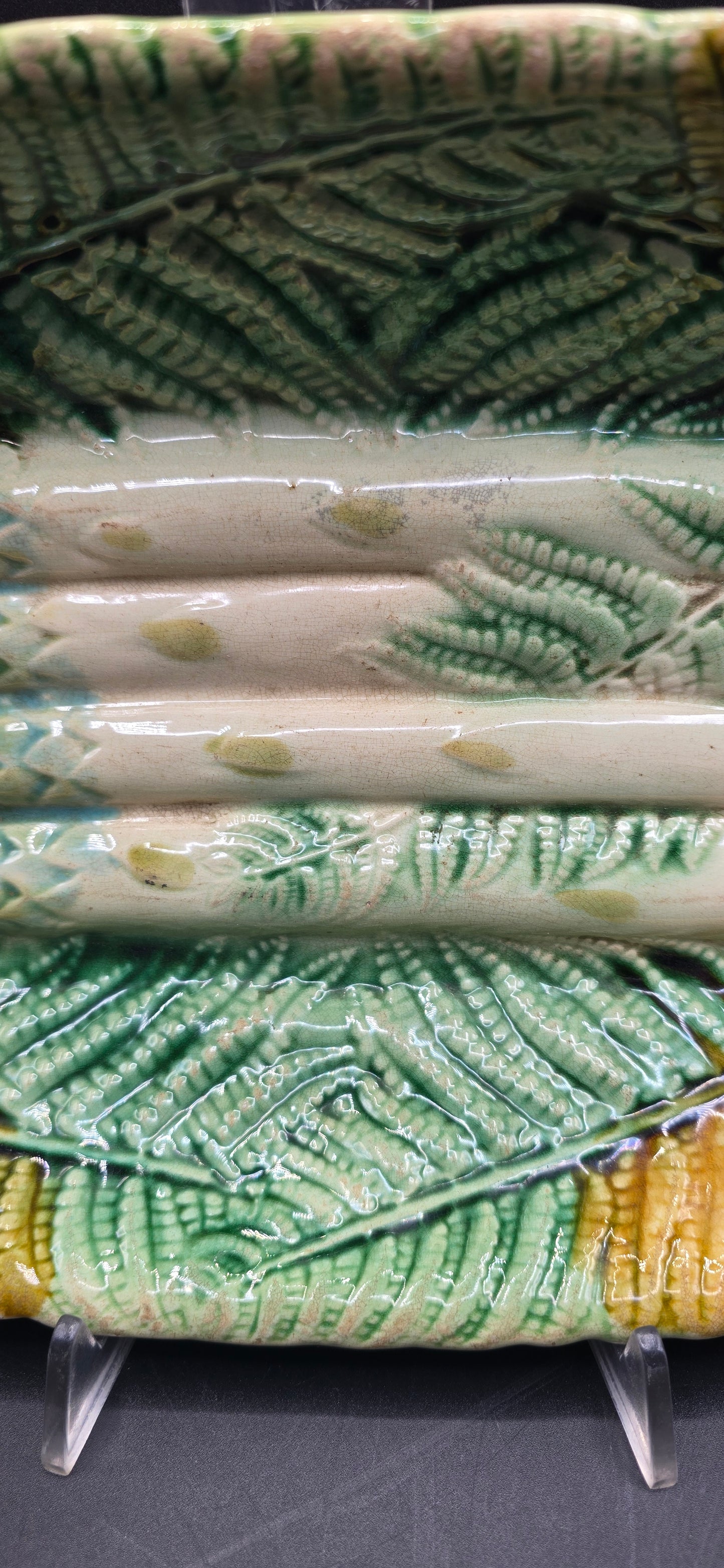 SALINS Antique Majolica Asparagus Cradle Server with Ferns