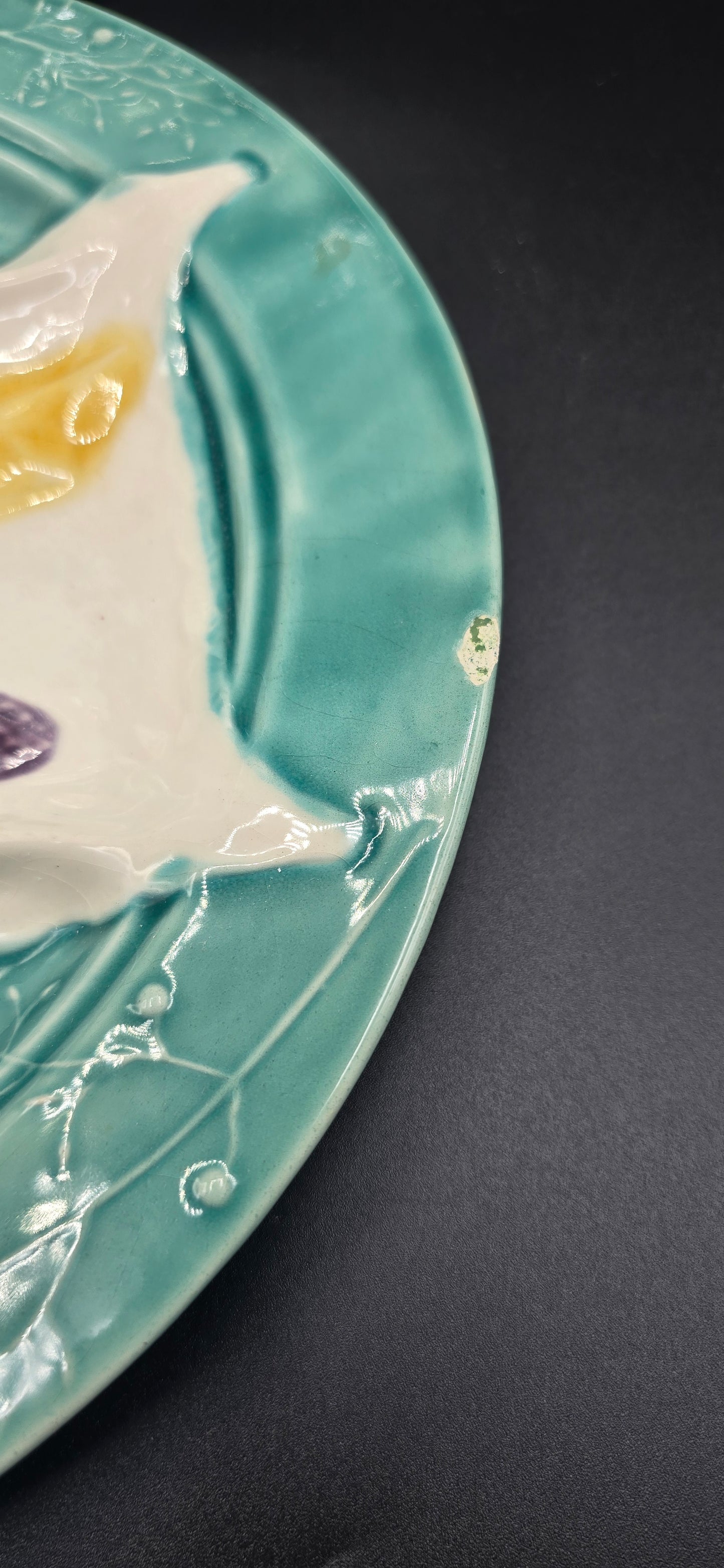 French Barbotine Asparagus Plate by Luneville – Set of 2, Antique Majolica Turquoise Glaze