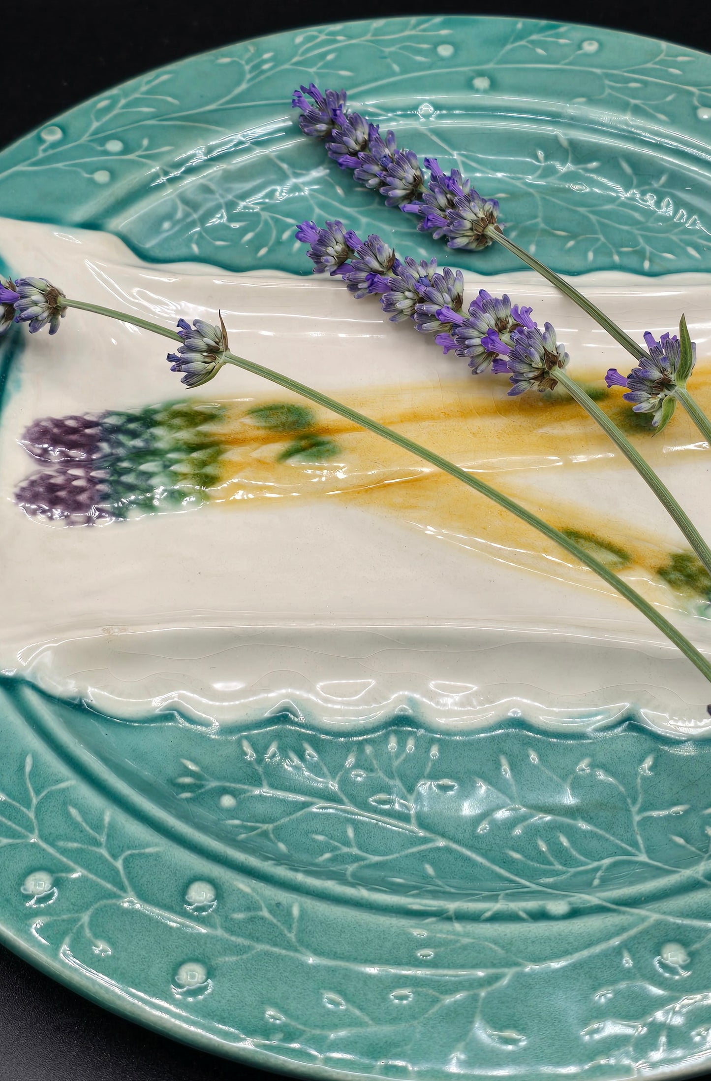 French Barbotine Asparagus Plate by Luneville – Set of 2, Antique Majolica Turquoise Glaze