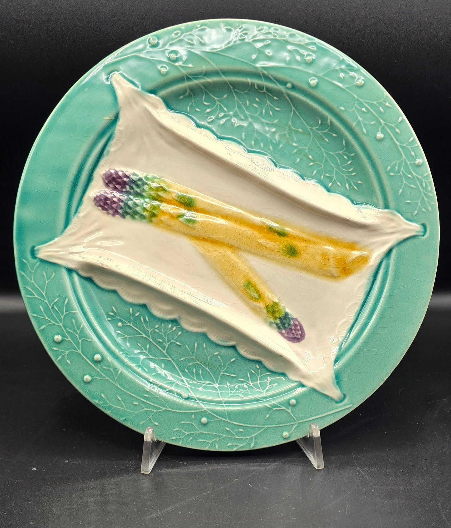 French Barbotine Asparagus Plate by Luneville – Set of 2, Antique Majolica Turquoise Glaze