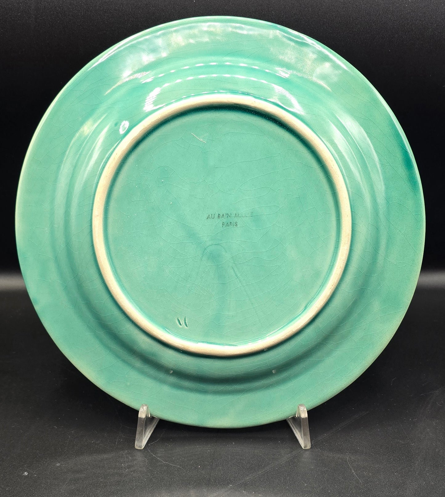 French Barbotine Asparagus Plate by Luneville – Set of 2, Antique Majolica Turquoise Glaze