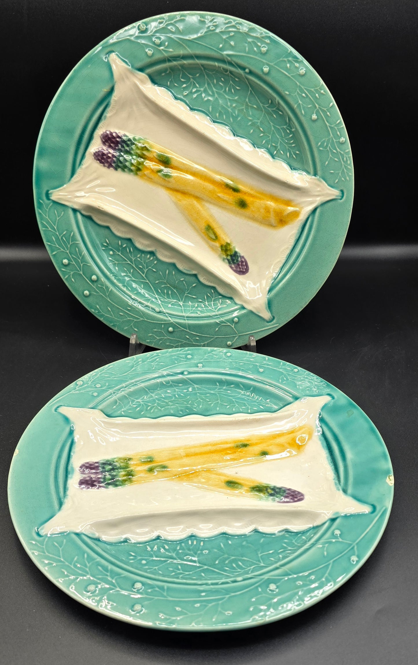 French Barbotine Asparagus Plate by Luneville – Set of 2, Antique Majolica Turquoise Glaze