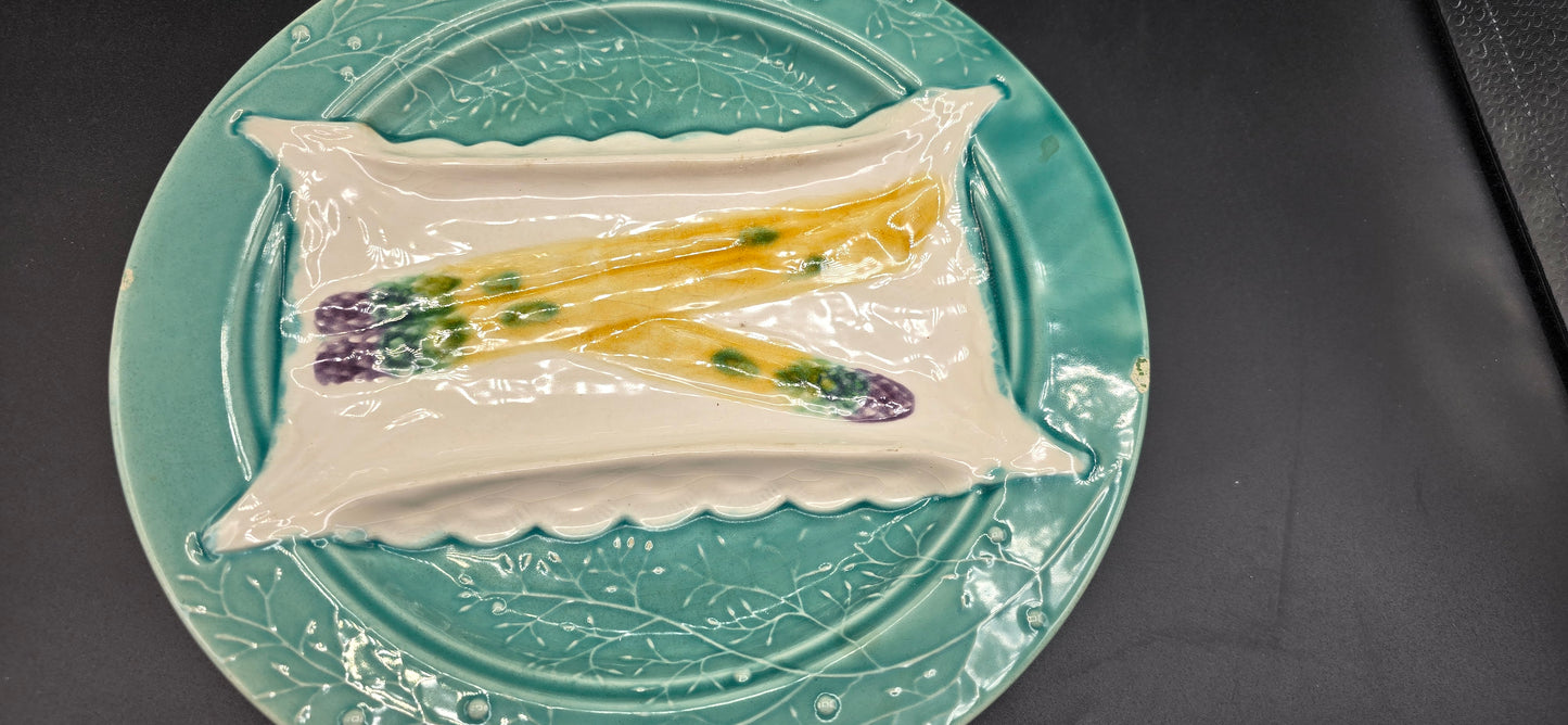 French Barbotine Asparagus Plate by Luneville – Set of 2, Antique Majolica Turquoise Glaze