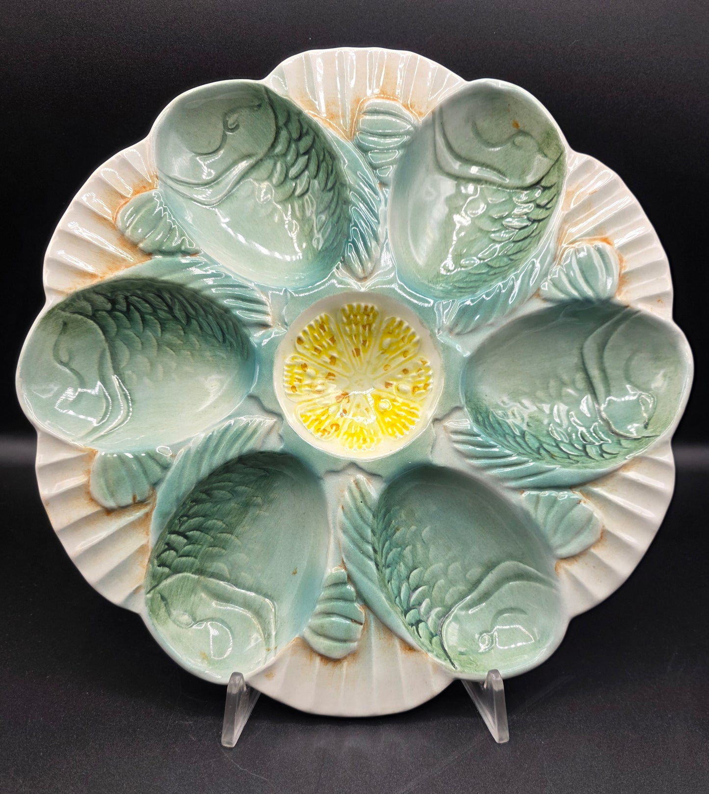 Vintage French Majolica Oyster Plate – FG Mark 24/4000, Aqua Blue Fish Design, Collectible Faience