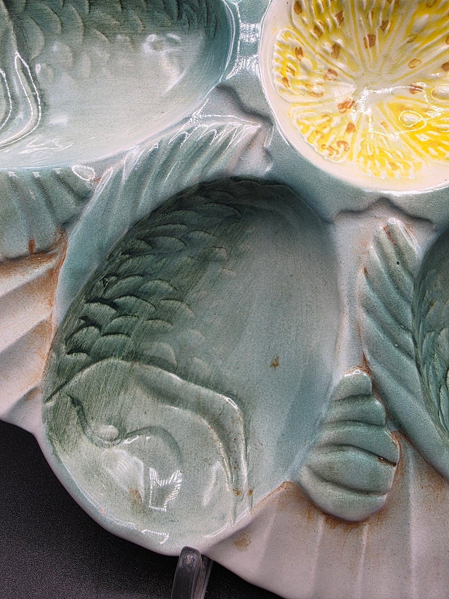 Vintage French Majolica Oyster Plate – FG Mark 24/4000, Aqua Blue Fish Design, Collectible Faience