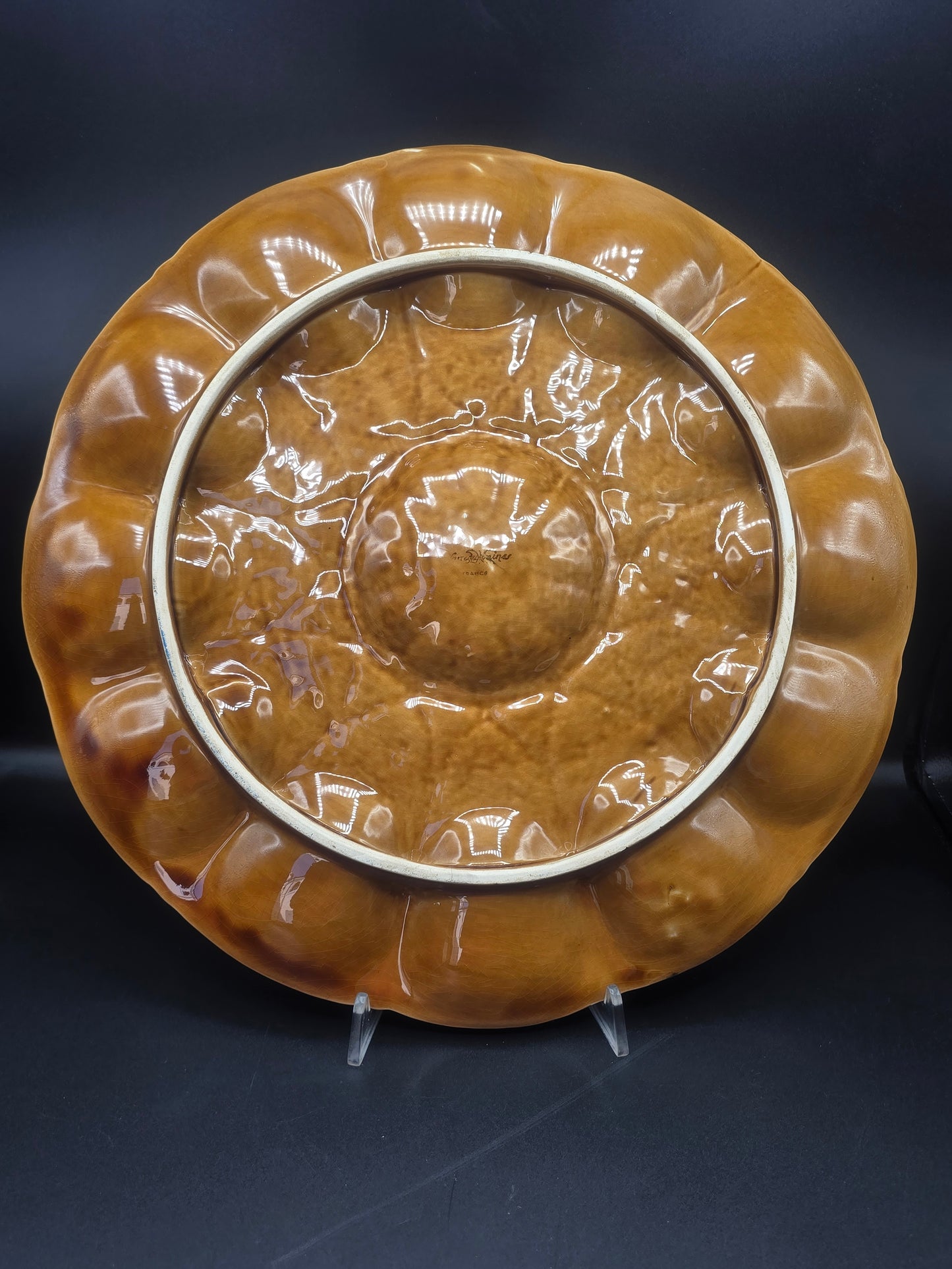 Sarreguemines Oyster Platter – French Majolica Faïence with Hand-Painted Glaze