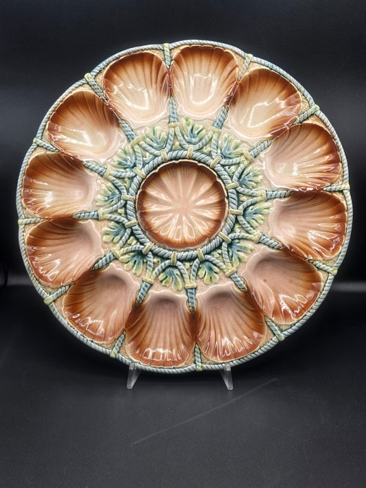 Rare Sarreguemines Oyster Platter – French Majolica Faïence with Hand-Painted Glaze