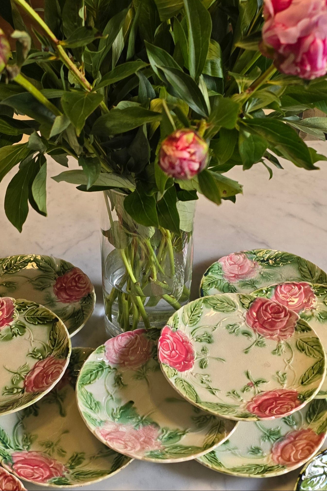 ONNAING French Majolica Plate – 19th Century Pink Green Rose Pattern – Vintage French Faience Wall or Table Decor