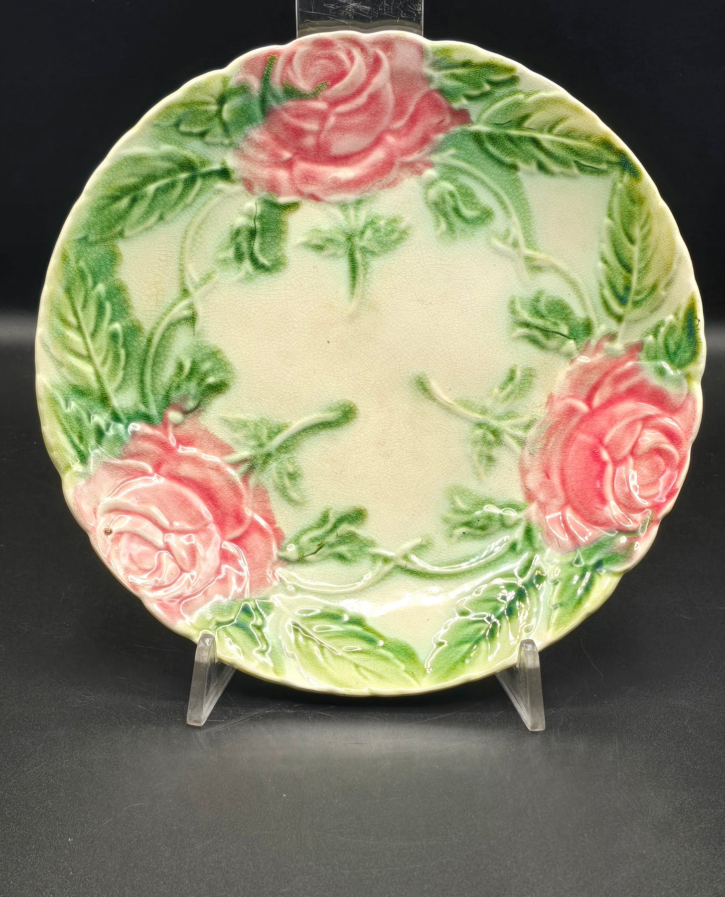 ONNAING French Majolica Plate – 19th Century Pink Green Rose Pattern – Vintage French Faience Wall or Table Decor