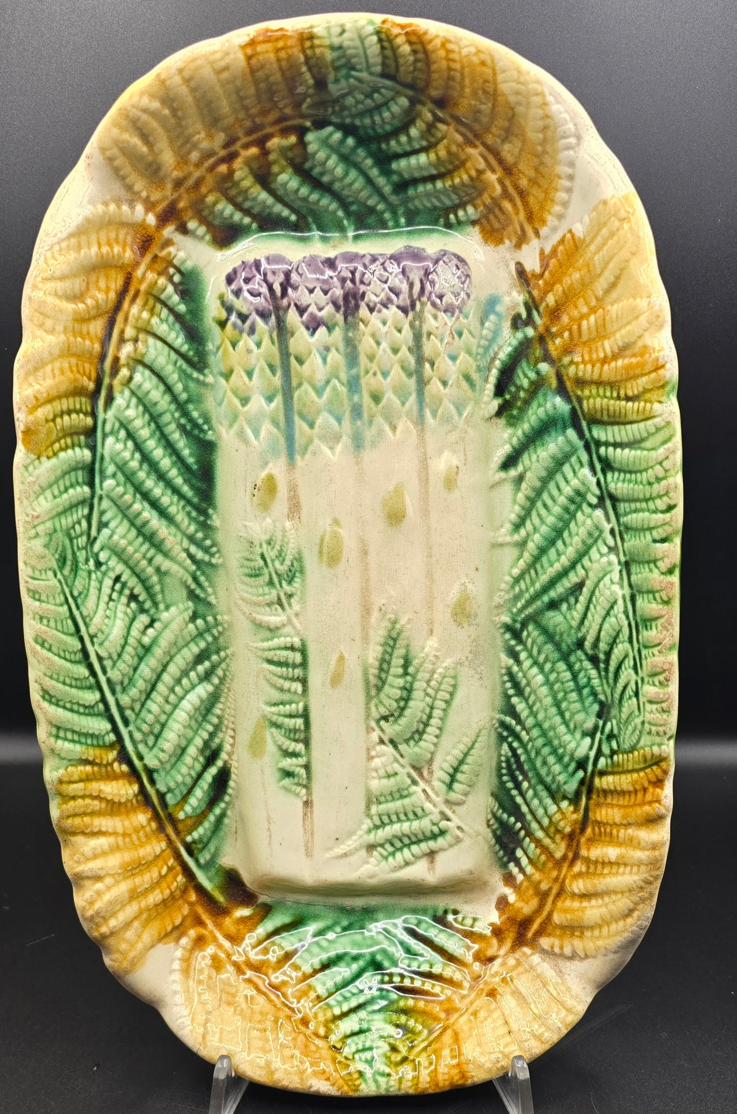 SALINS Antique Majolica Asparagus Cradle Server with Ferns