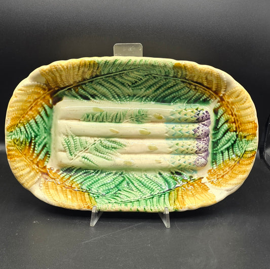 SALINS Antique Majolica Asparagus Cradle Server with Ferns