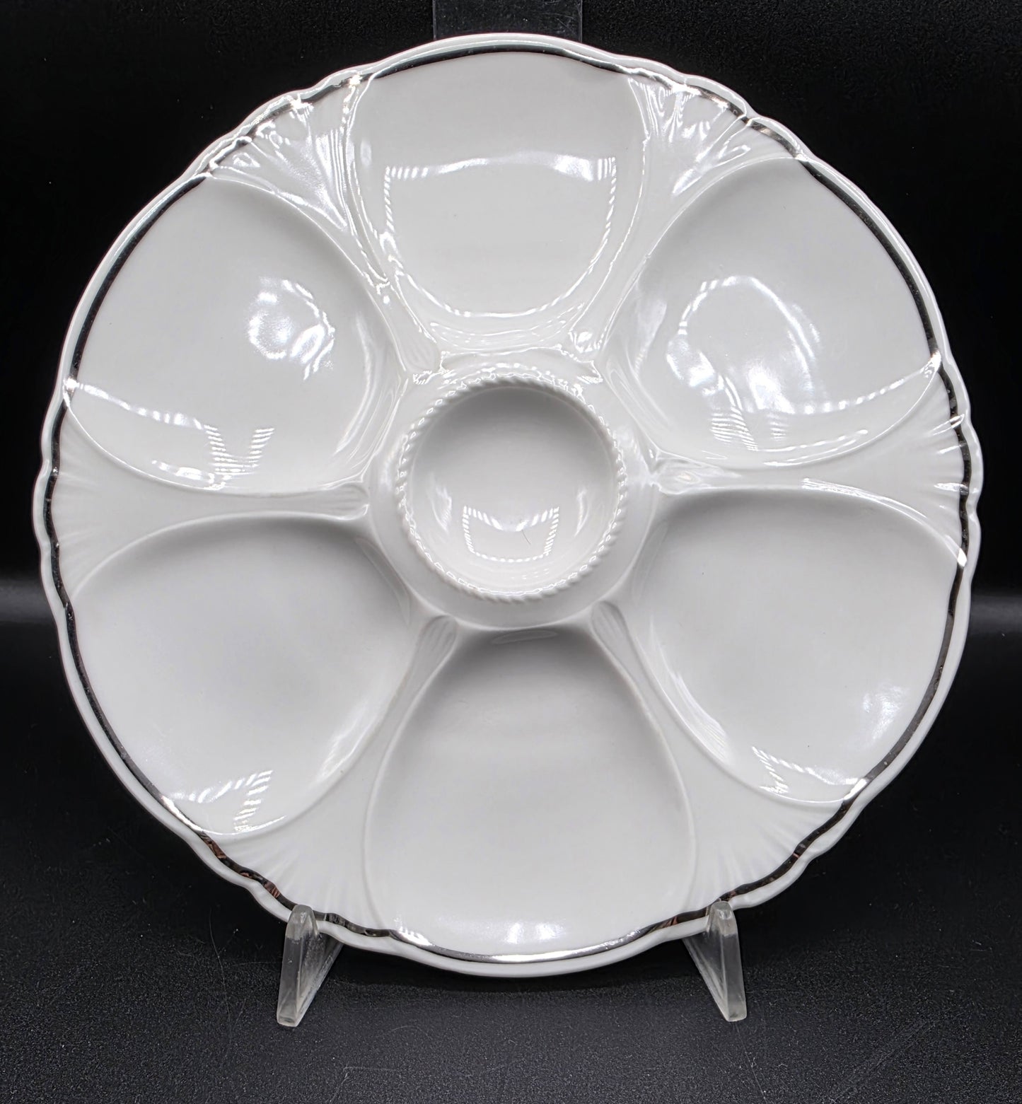 Limoges Charles Ahrenfeldt Oyster Plate – French Porcelain with Scalloped Rim, Faux Basketry Border & Silver Gilt Banding