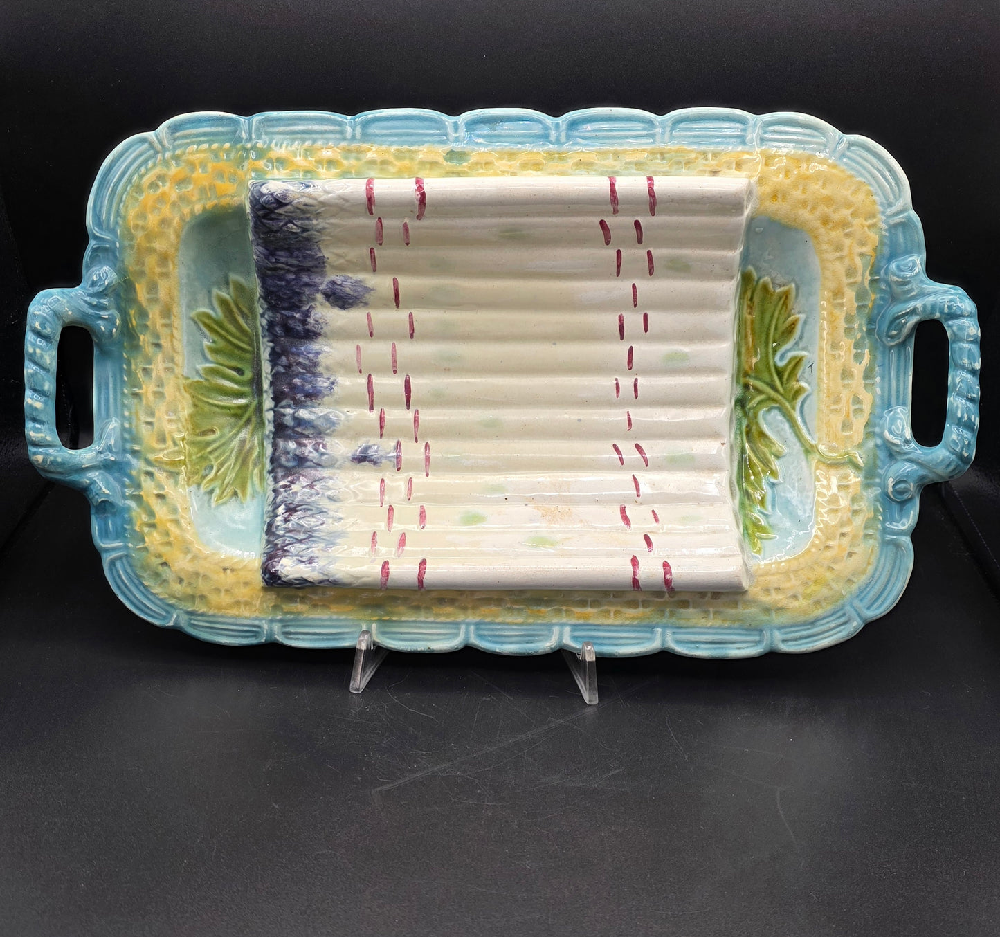 SALINS Antique Basket Weave Majolica Asparagus Platter Turquoise