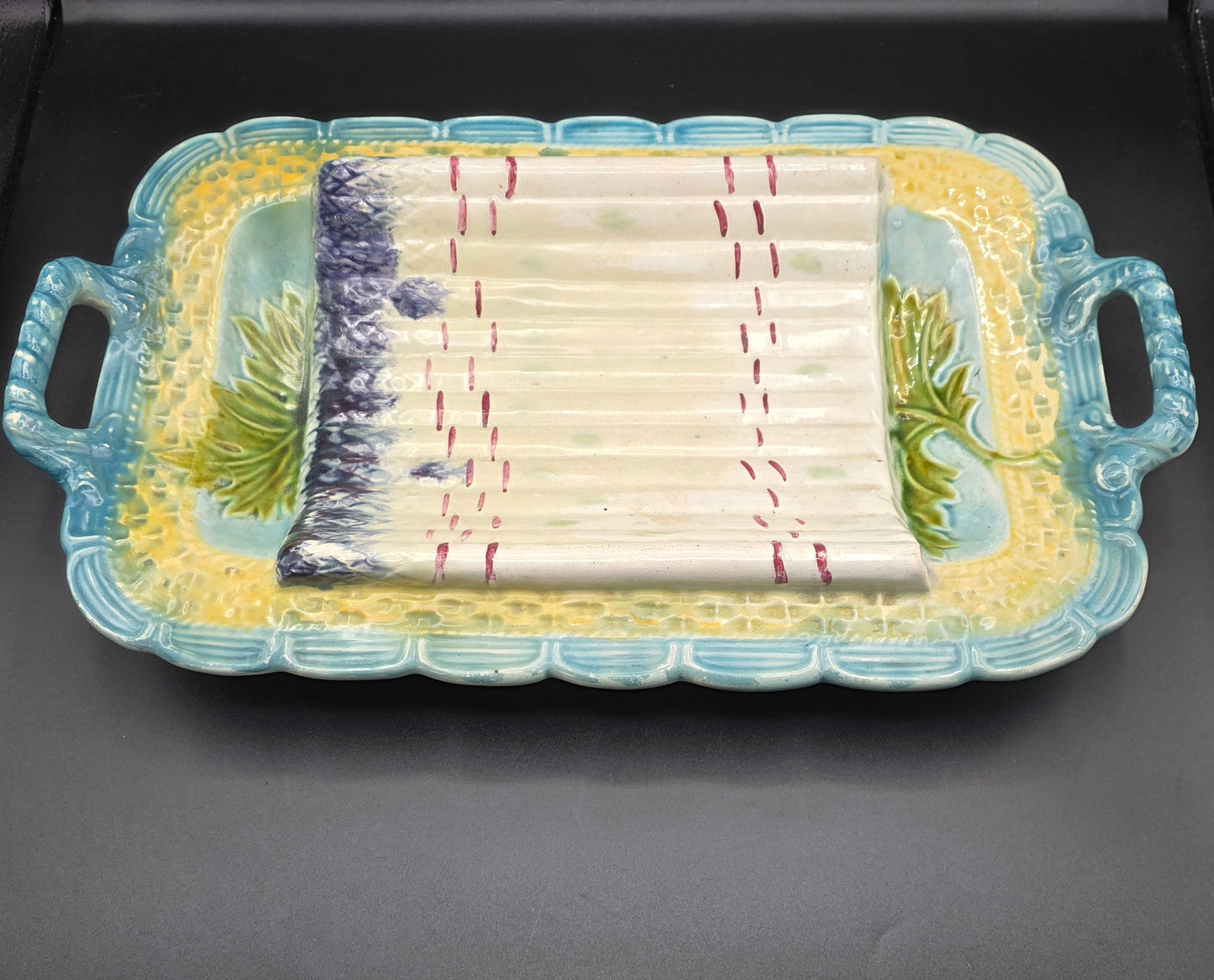 SALINS Antique Basket Weave Majolica Asparagus Platter Turquoise