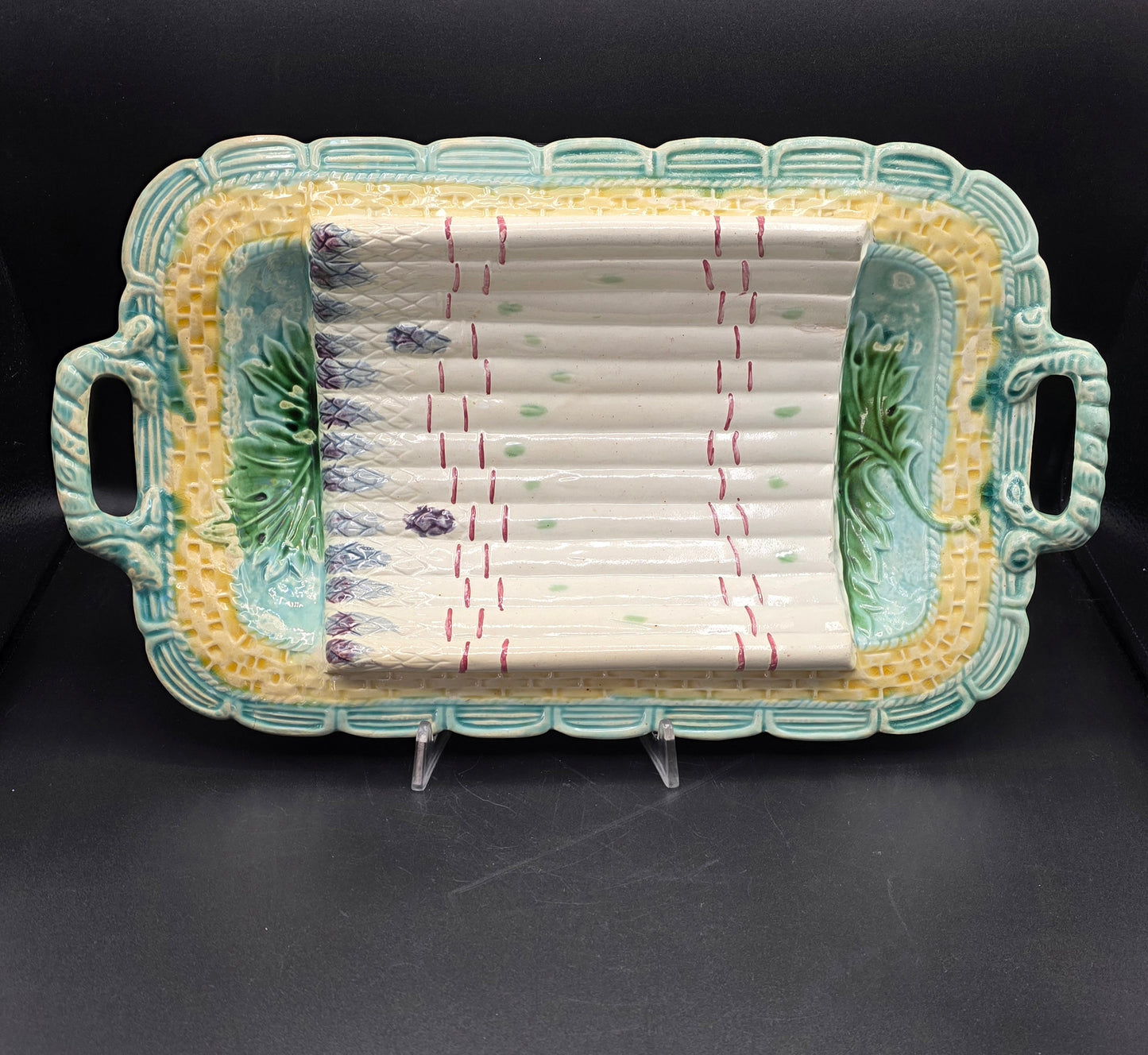 SALINS Antique Basket Weave Majolica Asparagus Platter Teal