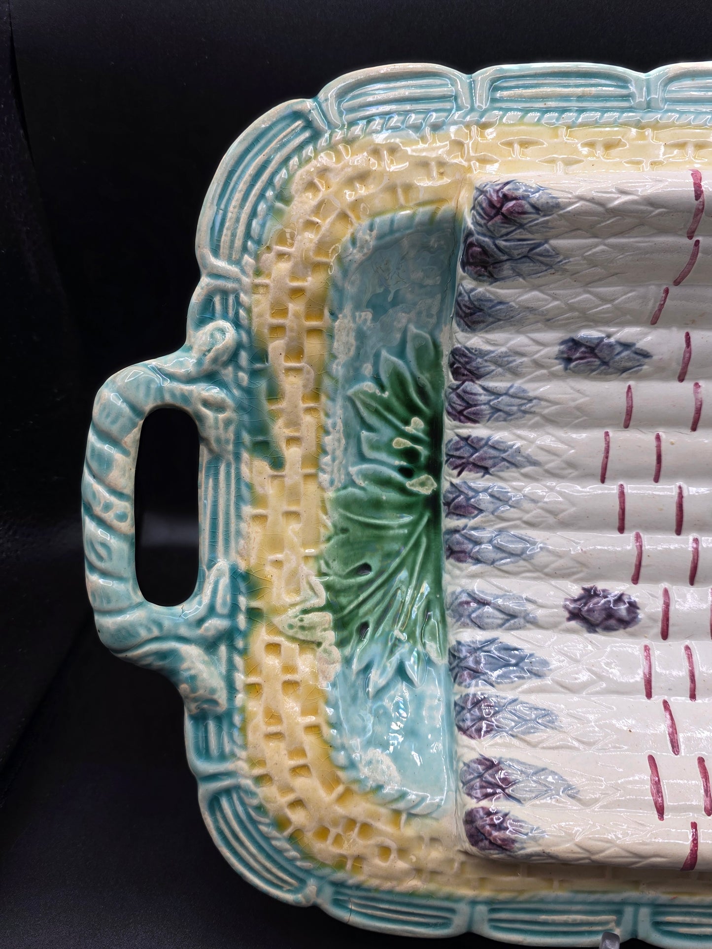 SALINS Antique Basket Weave Majolica Asparagus Platter Teal