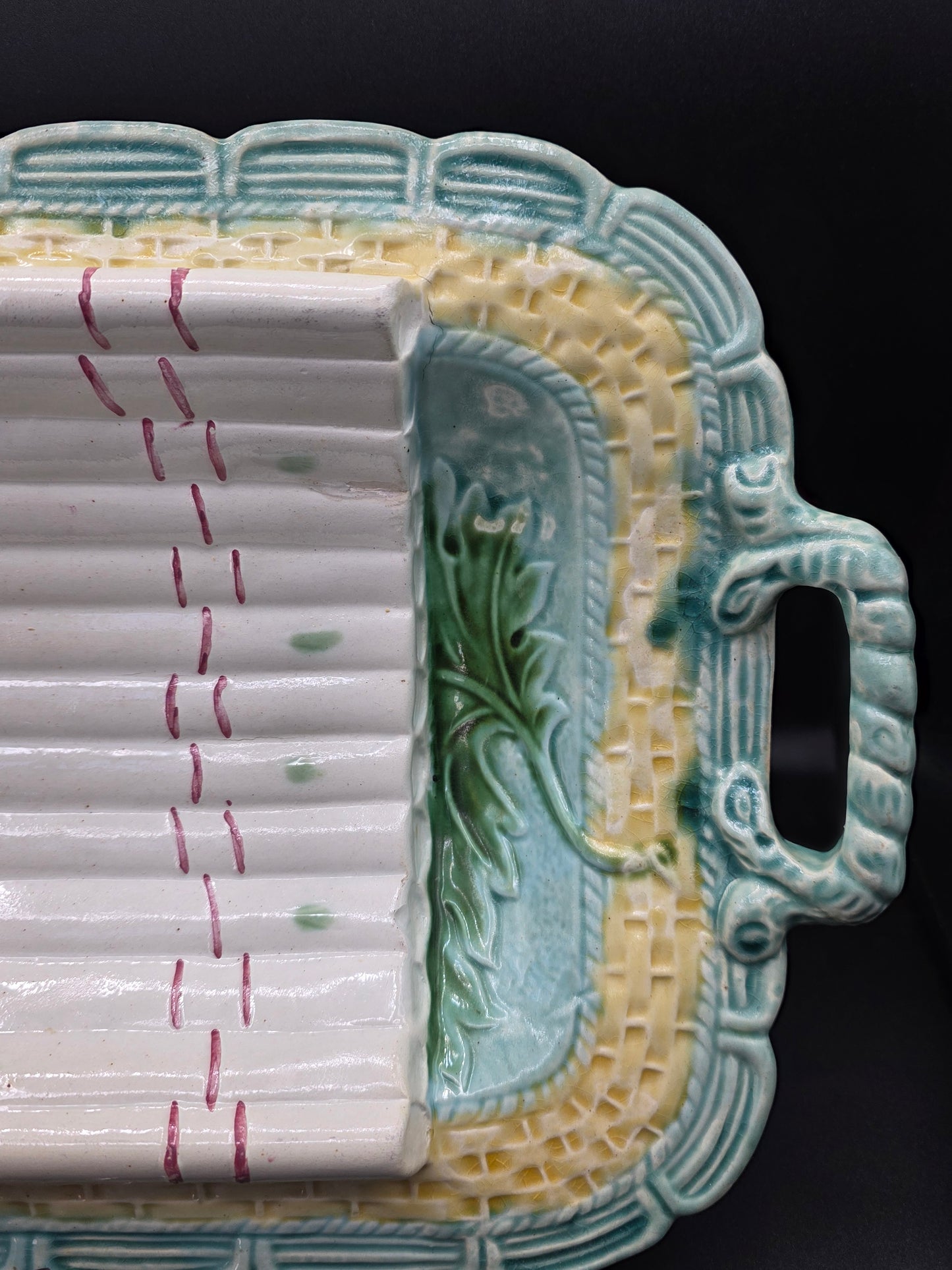SALINS Antique Basket Weave Majolica Asparagus Platter Teal