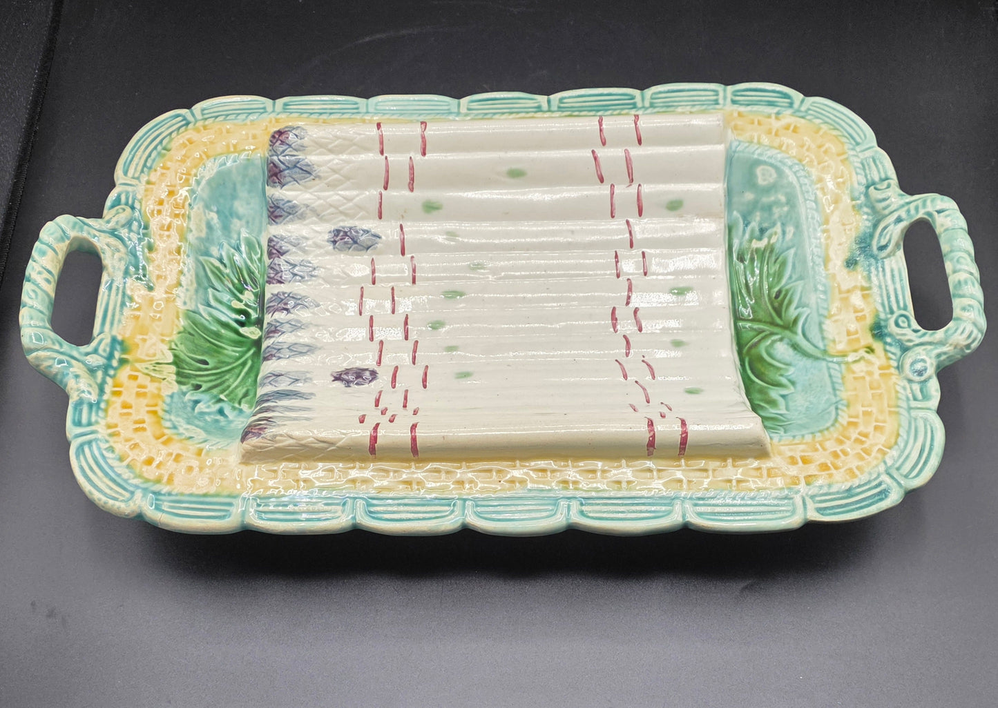 SALINS Antique Basket Weave Majolica Asparagus Platter Teal