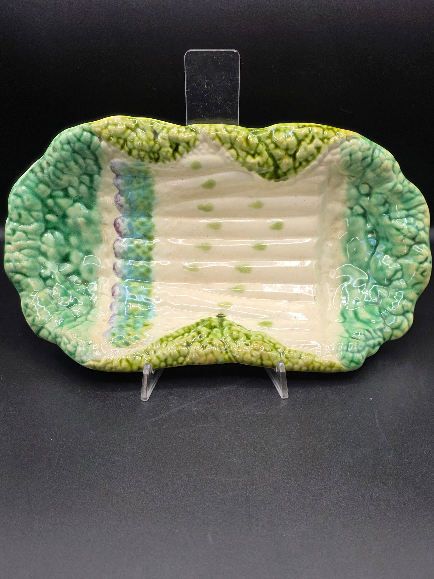 French Majolica Asparagus Platter – Salins Les Bain “Cabbage Ware,”