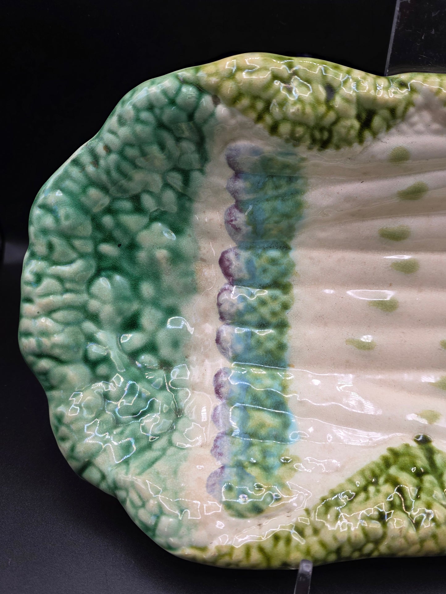 French Majolica Asparagus Platter – Salins Les Bain “Cabbage Ware,”