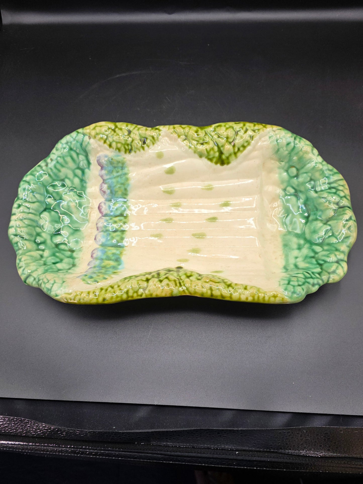 French Majolica Asparagus Platter – Salins Les Bain “Cabbage Ware,”