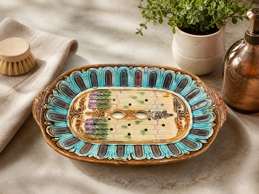 ONNAING French Majolica Asparagus Platter with Drainer, Late 19th Century