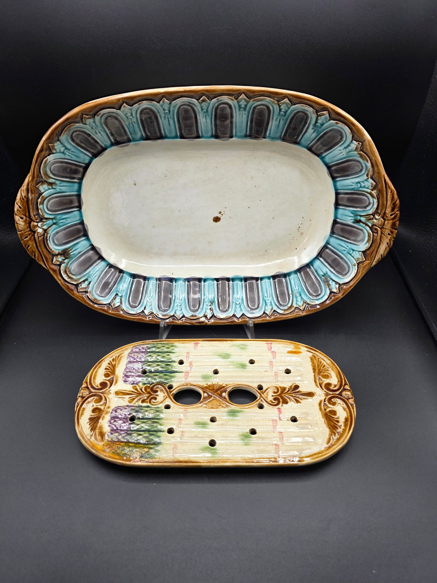 ONNAING French Majolica Asparagus Platter with Drainer, Late 19th Century