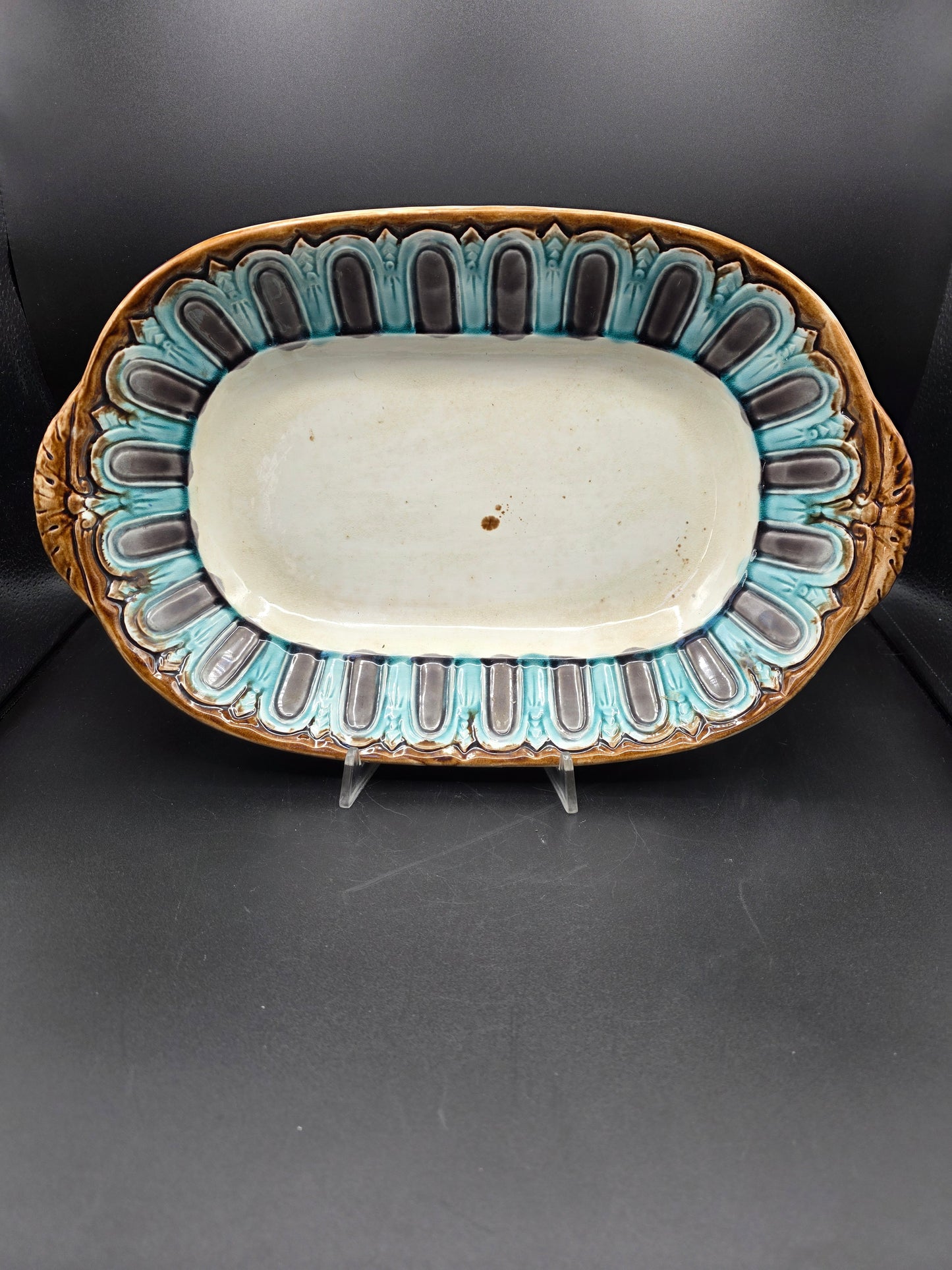 ONNAING French Majolica Asparagus Platter with Drainer, Late 19th Century