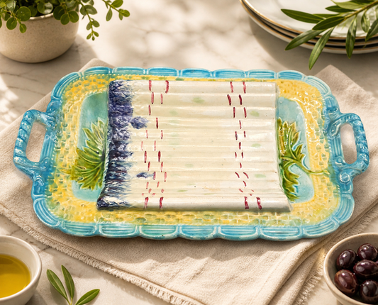 SALINS Antique Basket Weave Majolica Asparagus Platter Turquoise